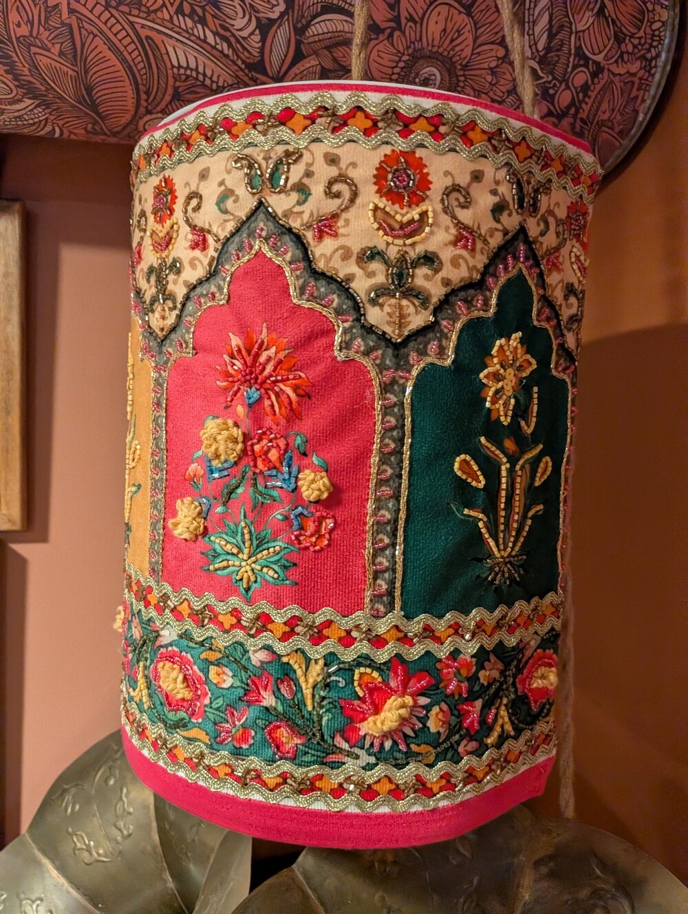 Handmade Boho Embroidered Floral Hanging Lamp